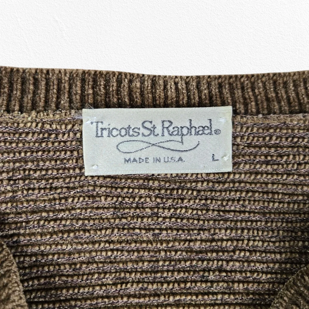 80s Vintage Tricots St Raphael Brown V Neck USA Made Soft Sweater Size Large